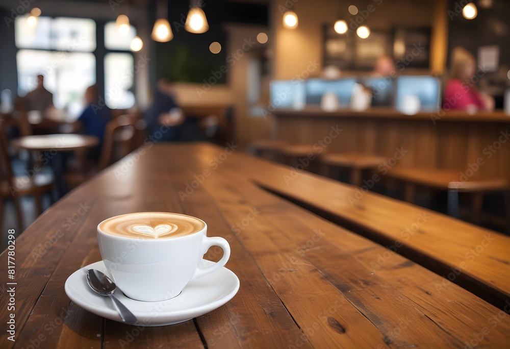 A cup of coffee with a heart-shaped latte art on a wooden table in a cozy cafe setting A cup of coffee with a heart-shaped latte art on a wooden table in a cozy cafe setting