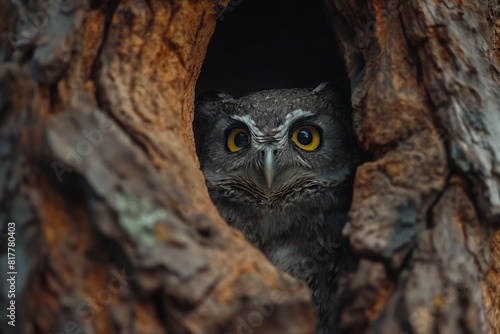Intense gaze of an owl peeking out from the sanctuary of a tree hollow © cherezoff