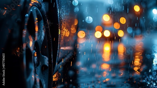 Capture the sleek curvature of a midnight black tire against a backdrop of glistening raindrops, each droplet refracting the city lights in a dance of illumination. photo