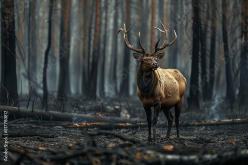 A tired elk is standing in the middle of a burned forest. Wild forest fire. Wild animal in the midst of wasteland after a fire. Environmental concept © m.malinika