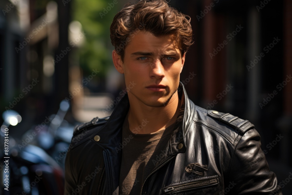 Man in leather jacket walking down street Man in leather jacket walking down street