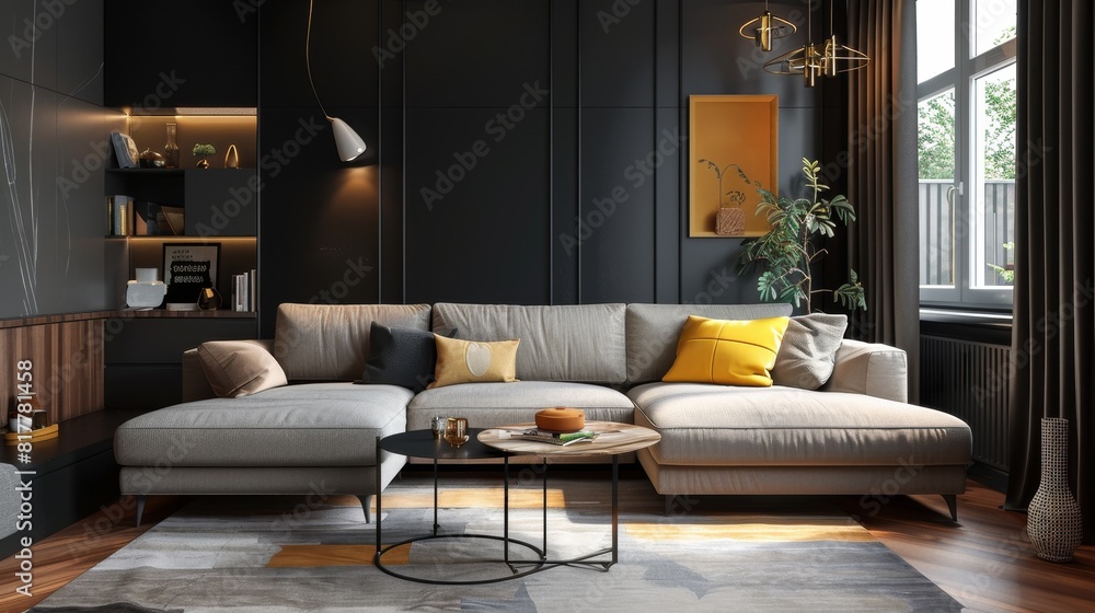 Modern Living Room Interior with Dark Sofa and Wooden Elements, Featuring Contemporary Design and Cozy Atmosphere, Perfect for Home Decor and Interior Design Inspiration. Modern Living Room Interior with Dark Sofa and Wooden Elements, Featuring Contemporary Design and Cozy Atmosphere, Perfect for Home Decor and Interior Design Inspiration.