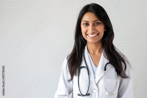 A smiling woman in a white lab coat with a stethoscope around her neck