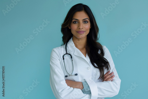 A woman in a white coat with a stethoscope is standing with her arms crossed