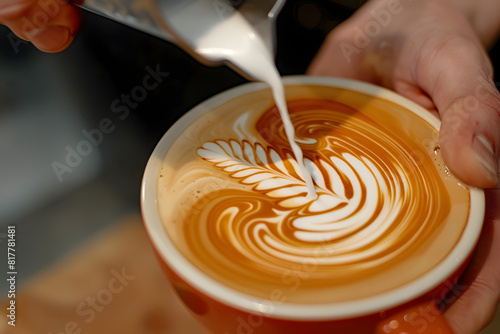 a barista's hands pouring steamed milk into a cup of espresso, creating a perfect latte art design