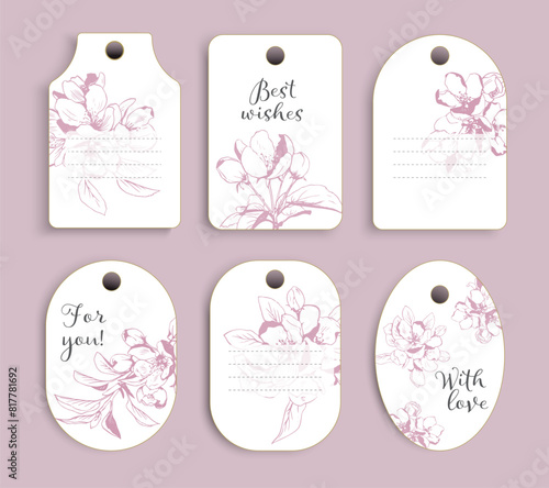 Vector wedding gift tag set with apple bloom flowers lineart style