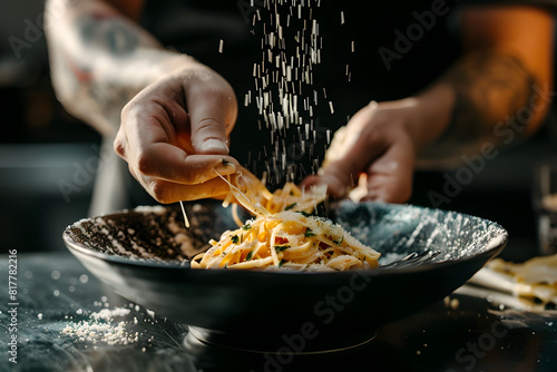 a person's hands sprinkling grated cheese over a bowl of pasta, adding a finishing touch to the dish photo