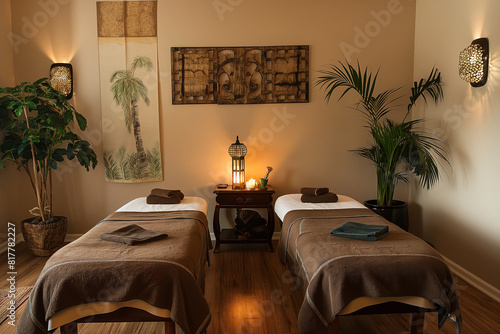 A spa room with two massage beds and a potted palm tree photo