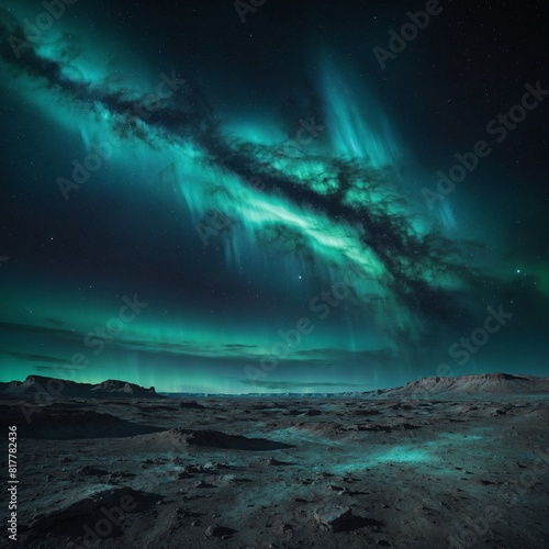 "Celebrate the milestones of space exploration."Background: Turquoise aurora over a lunar landscape. © Maryam