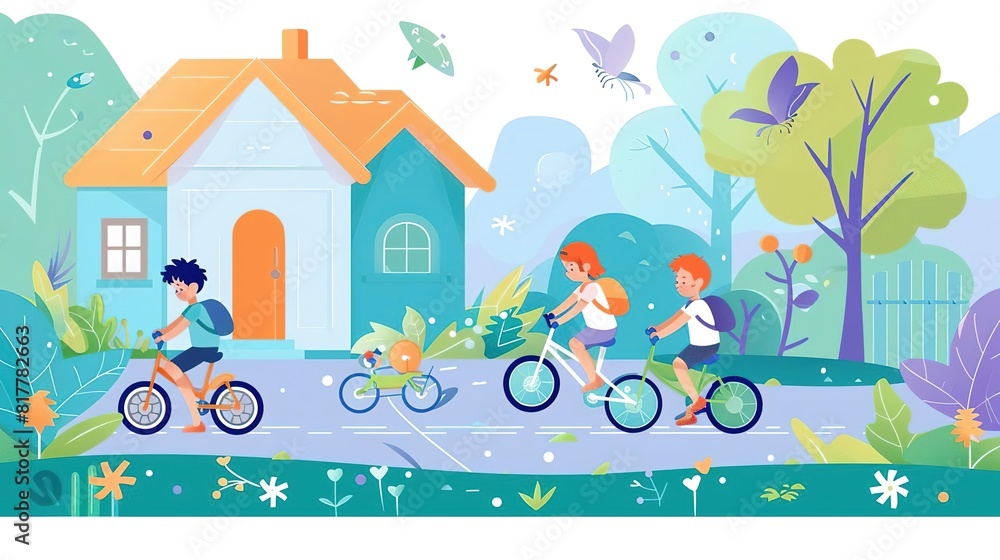 Three kids are riding their bikes on a road near a house Three kids are riding their bikes on a road near a house