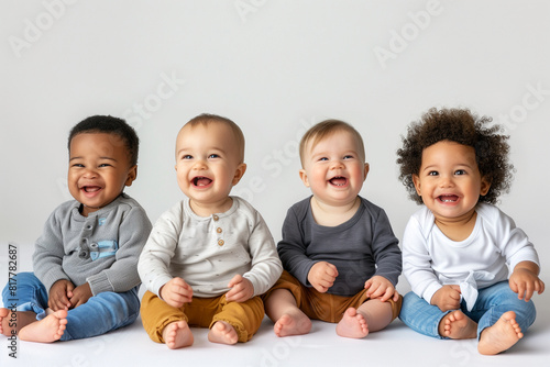 A group of four babies are sitting together and smiling. Multiracial group of toddlers, kids diversity photo