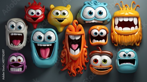 Colorful 3D Cartoon Character Faces Set With Various Expressions, Vector Icon Collection