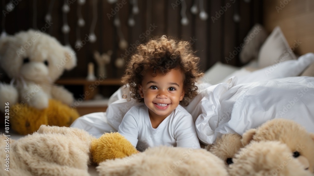 Adorable Toddler on Bed Surrounded By Plush Toys in Cozy Bedroom Adorable Toddler on Bed Surrounded By Plush Toys in Cozy Bedroom