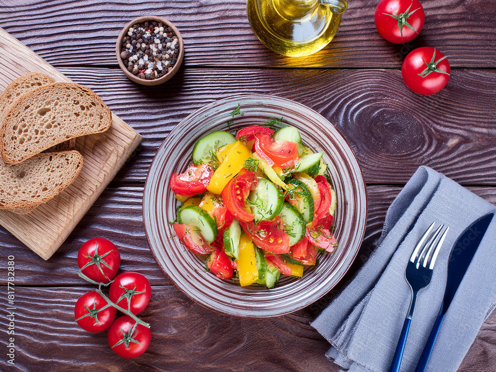Vegetable salad with tomatoes, cucumbers and herbs