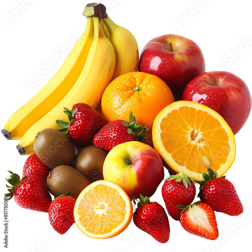  A colorful assortment of fresh fruits featuring bananas  apples  strawberries  oranges  and kiwis  displayed together against a white background.