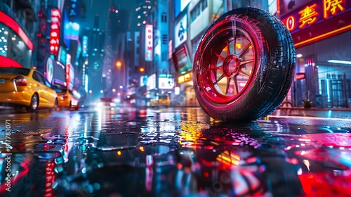 Immerse yourself in the urban jungle as a vibrant red tire navigates the bustling streets, reflecting the vibrant energy of the cityscape in its glossy surface.