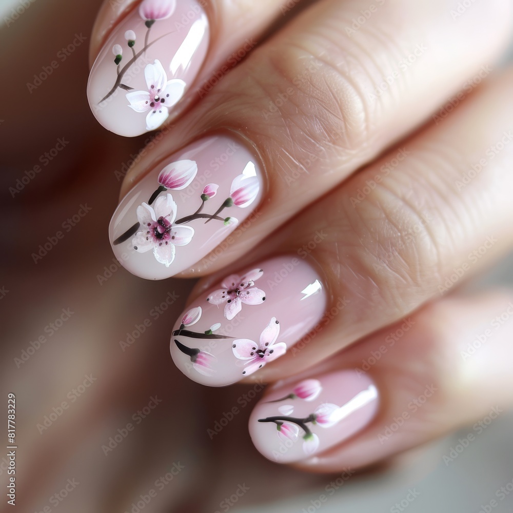 A close-up of a white woman's hand with pastel pink nails featuring delicate floral designs. A close-up of a white woman's hand with pastel pink nails featuring delicate floral designs.