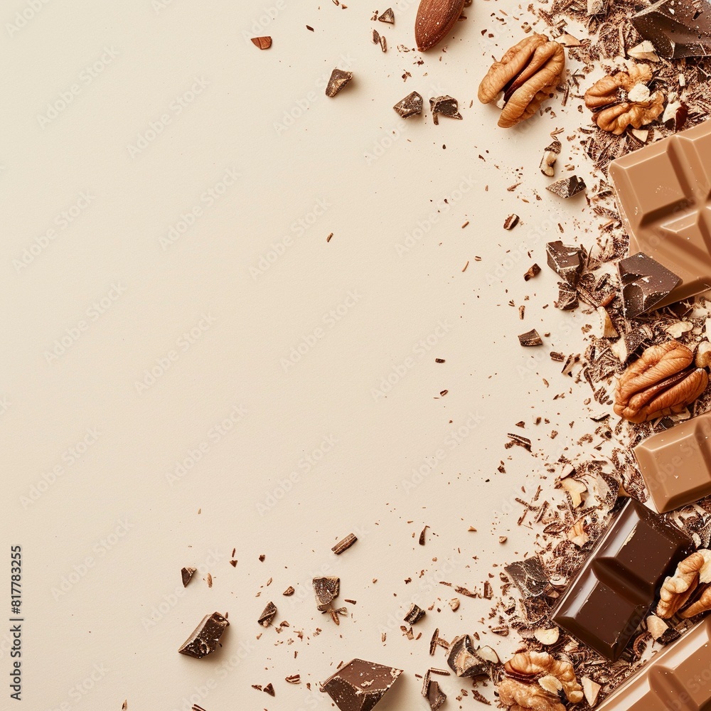 background in light beige colored , empty space with around a little bit of chunks of nuts , chocolate , generative ai background in light beige colored , empty space with around a little bit of chunks of nuts , chocolate , generative ai