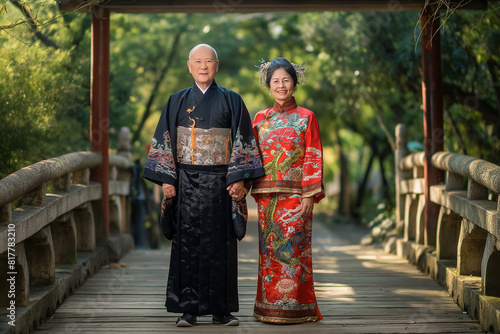 A couple in traditional Chinese clothing pose for a photo