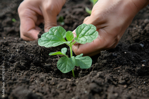 a person's hand planting a seedling in fertile soil, representing sustainability and environmental conservation