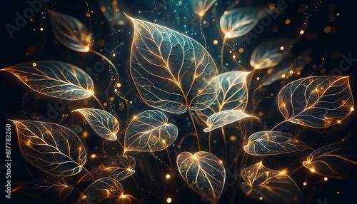 An abstract background image of Aglaonema leaves with magical lights in a forest photo
