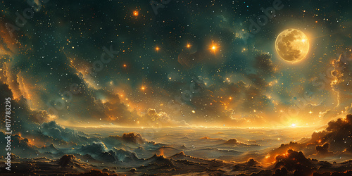 A painting depicting a stylized moon and clouds in the sky celestial objects