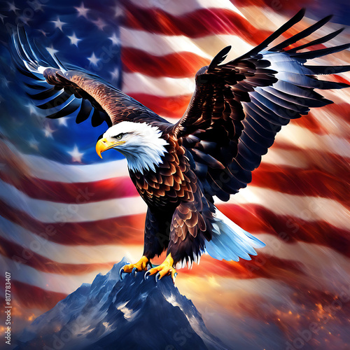 USA Patriotic illustration with American symbols. Image with eagle on the national flag background for the Fourth of July holiday