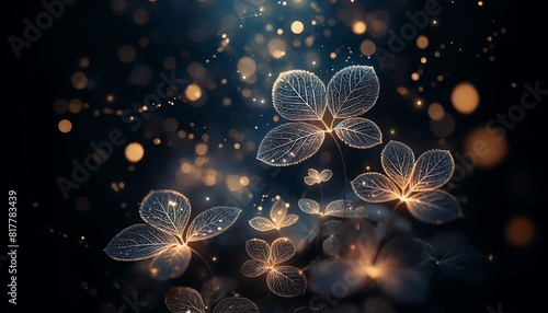 An abstract background image of Minima leaves with magical lights in a forest photo