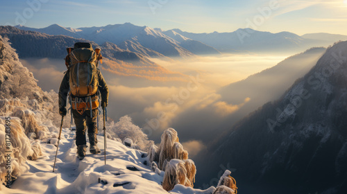 Extreme Winter Climbing Adventure in Snowy Mountain Landscape at Sunrise