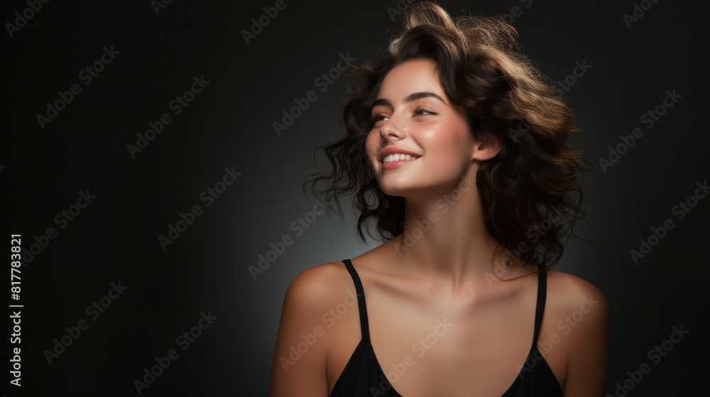 Portrait of Young Attractive Woman Smiling with Curly Hair in Studio Lighting