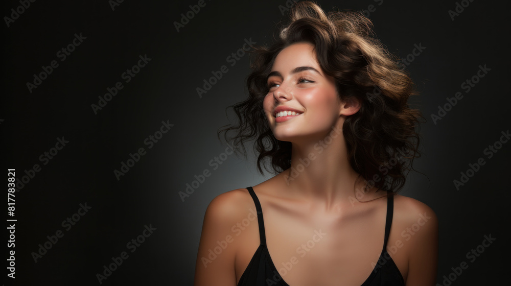 Portrait of Young Attractive Woman Smiling with Curly Hair in Studio Lighting Portrait of Young Attractive Woman Smiling with Curly Hair in Studio Lighting
