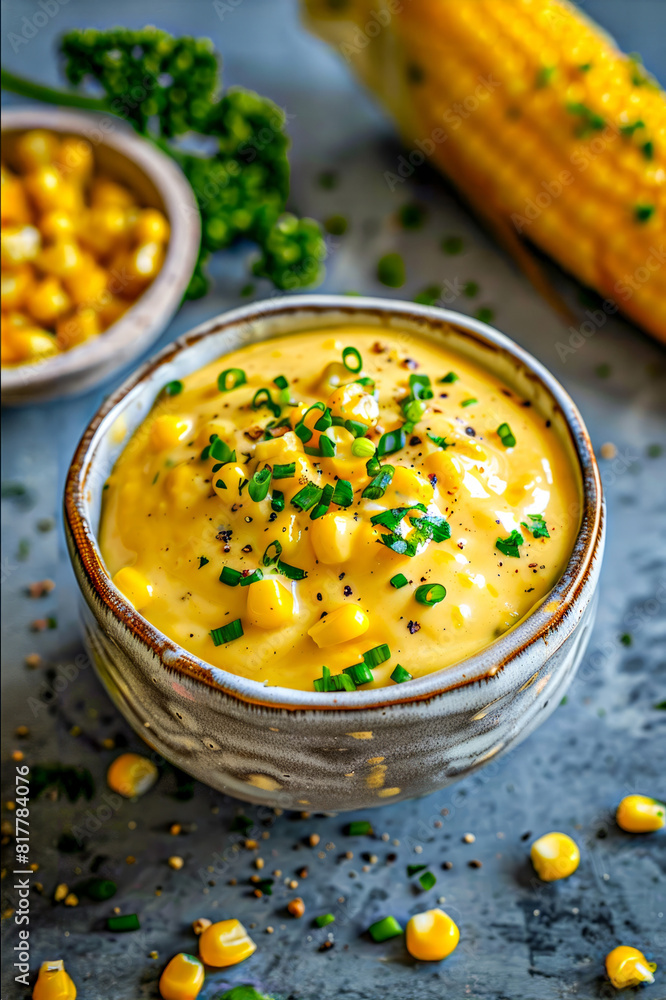 Sweet corn sauce with fresh green onions and chopped parsley in a ceramic bowl on a gray background. Sweet corn sauce with fresh green onions and chopped parsley in a ceramic bowl on a gray background.