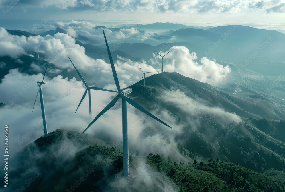 Fototapeta premium wind turbines on top mountain with clouds and fog 