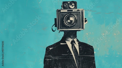 Fasion collage style artwork of man in suit with retro photocamera head, blue background