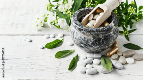 Stone mortar with pills and different herbs on white wooden board