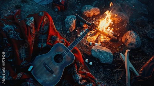 A Tartan guitar lies beside a blazing campfire, adding a touch of plaid pattern to the rustic setting. The warm glow of the fire creates a cozy atmosphere for recreational musicmaking AIG50 photo