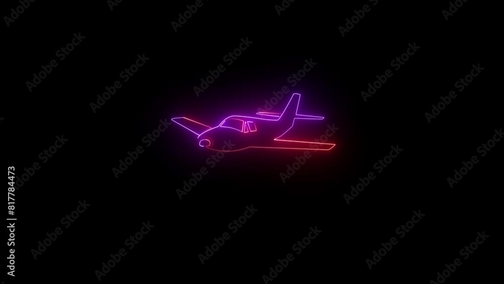 Glowing neon light airplane icon animation on black background Glowing neon light airplane icon animation on black background