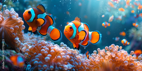 Two clown fish are gracefully swimming among vibrant anemones in their natural habitat
