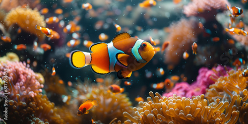 A clown fish navigates through vibrant anemones and corals in an underwater habitat photo