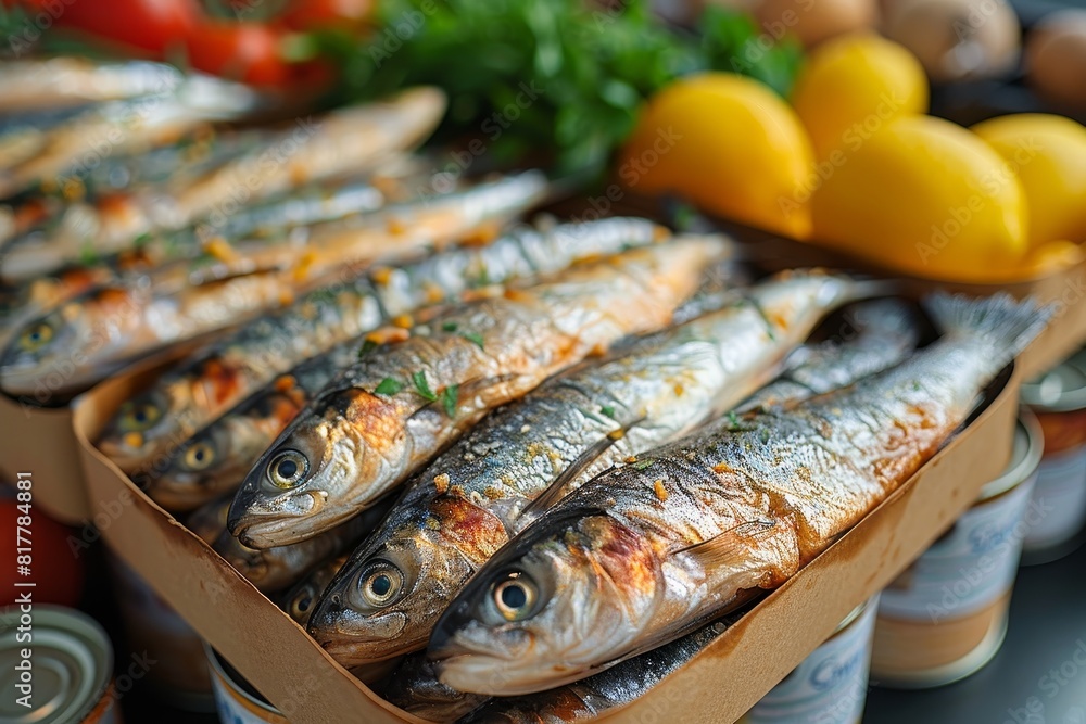 Sardines arranged in a can, perfect for canned food product advertisements. Sardines arranged in a can, perfect for canned food product advertisements.
