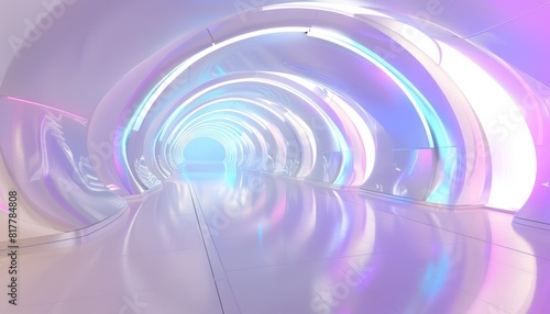 A futuristic 3D interior with a neon-lit tunnel in a white room  conveying a sense of advanced technology and modern design in an abstract spatial setting