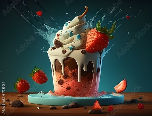 A Whimsical Dessert World A D of a Culinary Masterpiece Featuring Cookie Crumbles Fresh Strawberries and Velvety Ice Cream photo