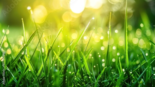 Fresh grass with dew drops close up .