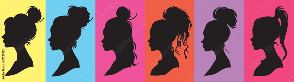 silhouette illustration of diverse female face profiles with unique hairstyles, minimalist women's portrait designs for beauty, fashion and inclusion concepts silhouette illustration of diverse female face profiles with unique hairstyles, minimalist women's portrait designs for beauty, fashion and inclusion concepts