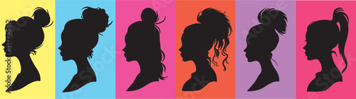 silhouette illustration of diverse female face profiles with unique hairstyles, minimalist women's portrait designs for beauty, fashion and inclusion concepts
