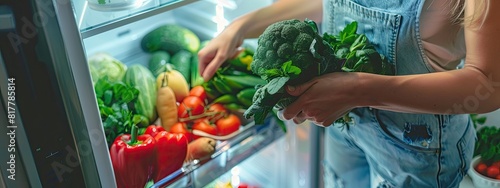 a woman puts vegetables in the refrigerator. selective focus photo
