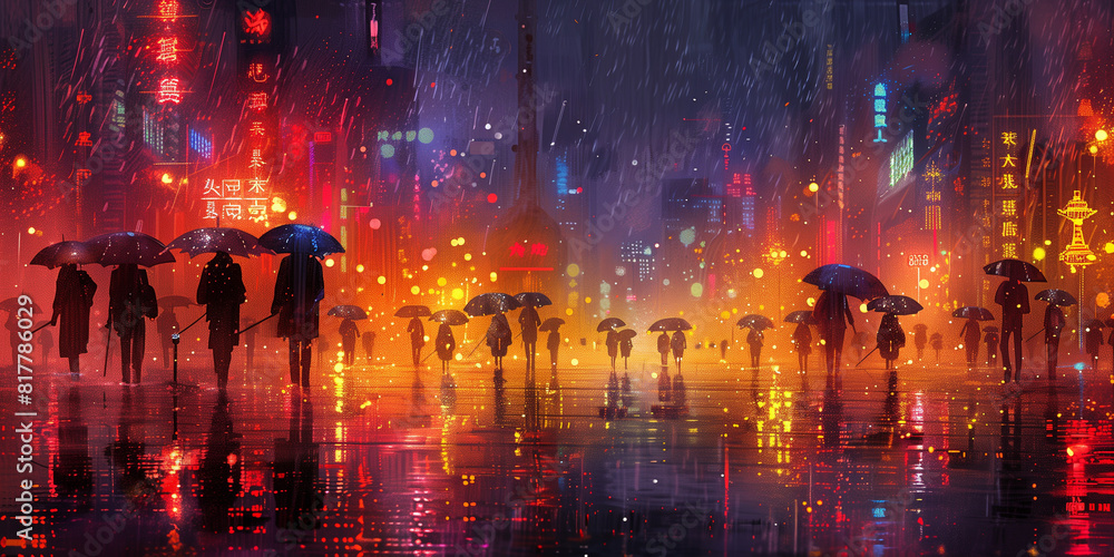 Fototapeta premium A painting depicting people silhouette walking in the rain, carrying umbrellas to shield themselves
