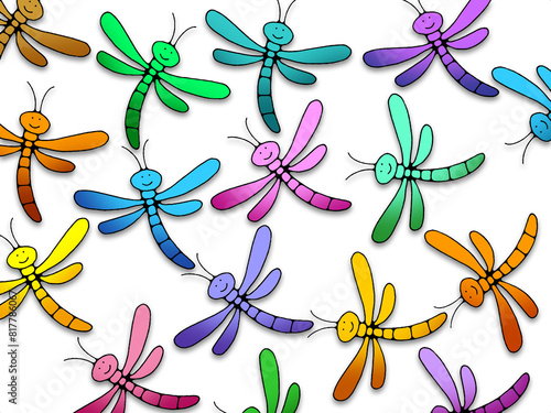 Illustration of group of colorful dragonflies