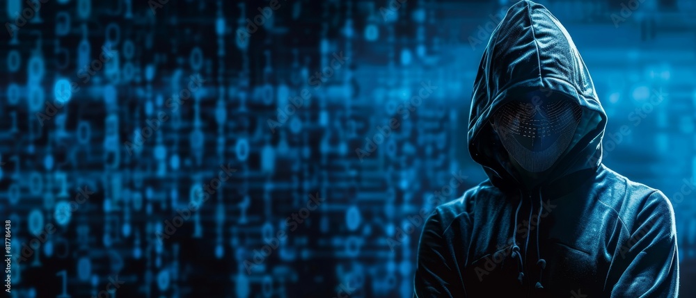 Mysterious Hacker in Hooded Jacket with Binary Code. Mysterious Hacker in Hooded Jacket with Binary Code.