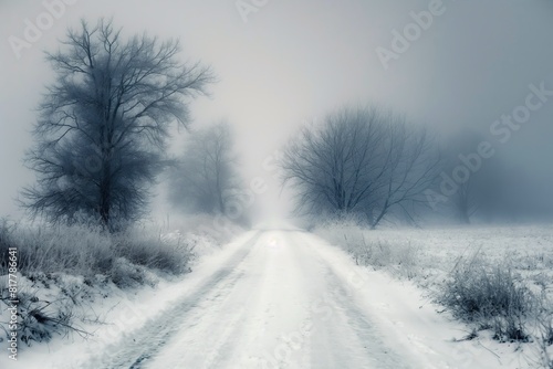 Snowy path leading through a foggy, winter landscape with bare trees © cherezoff